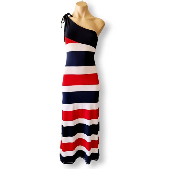 Into fashion Dresses & Skirts - Y2k, dark blue, red + white one-shoulder maxi dress XS fits AU 4, 6, 8